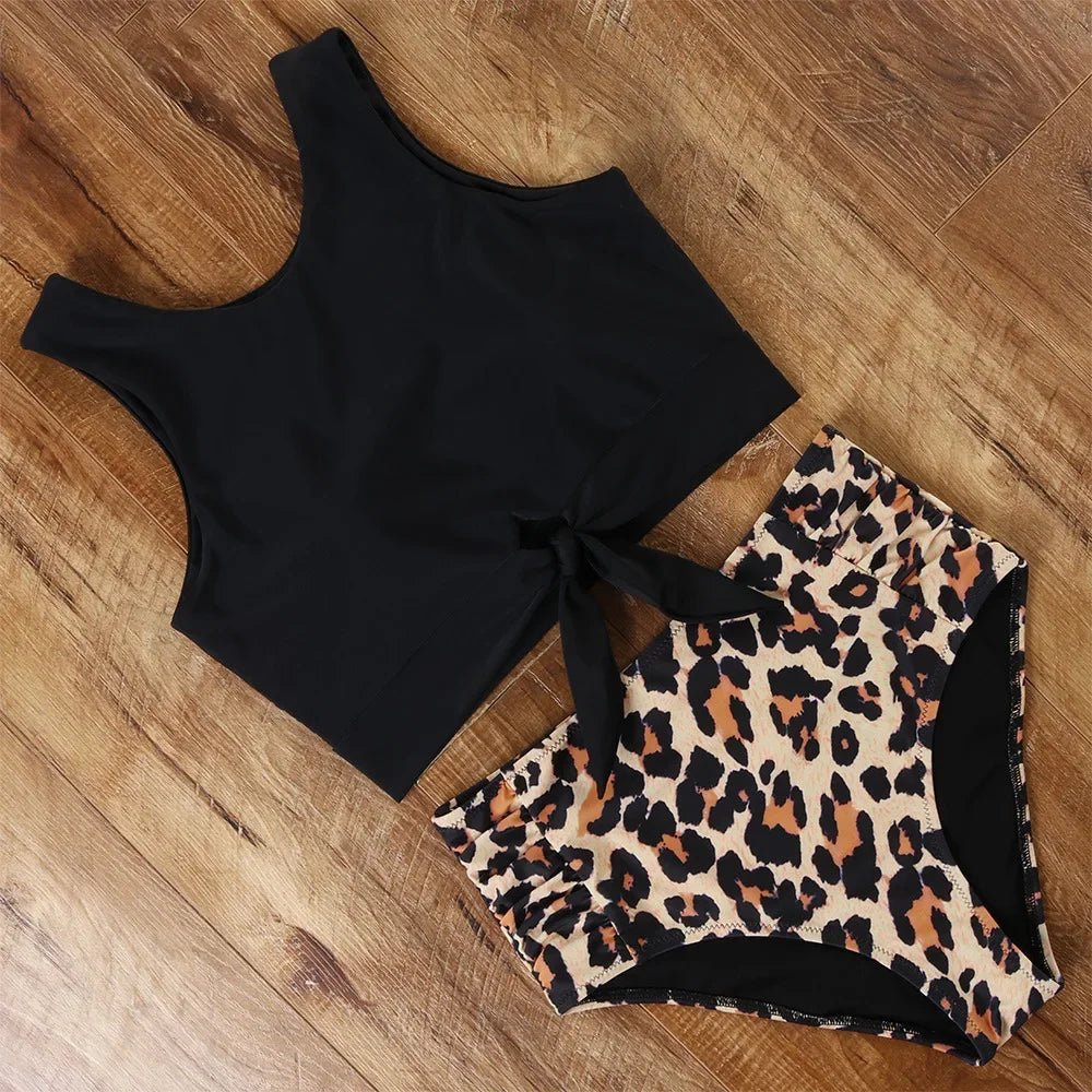 Striped Leopard Front Tie Push Up Two Piece Swimsuit