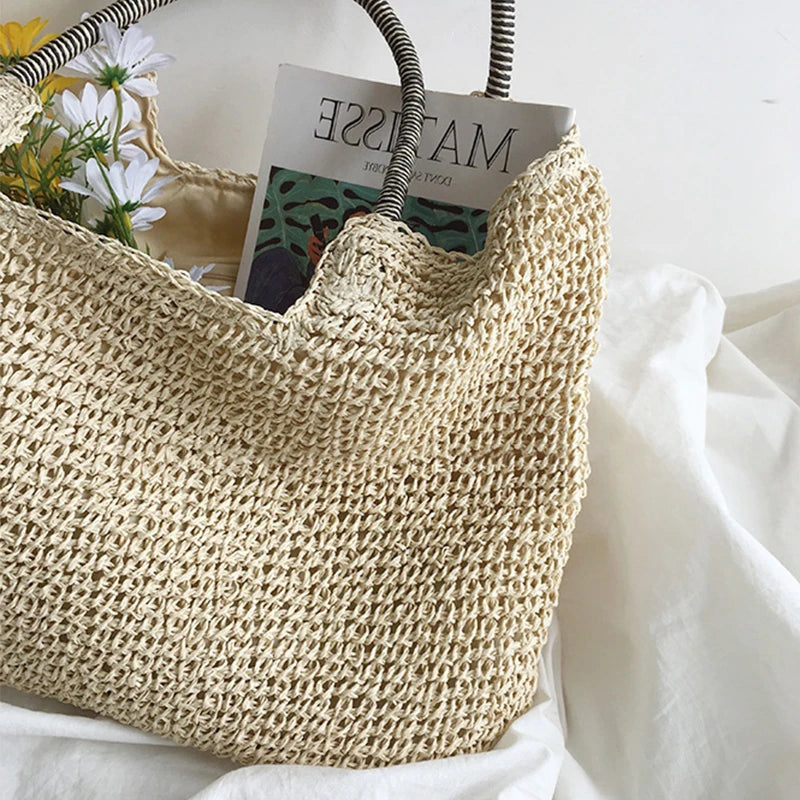 Women Beach Vintage Handmade Woven Shoulder Bag Raffia Rattan Shopping Bags Bohemian Ladies Summer Travel Vacation Casual Totes