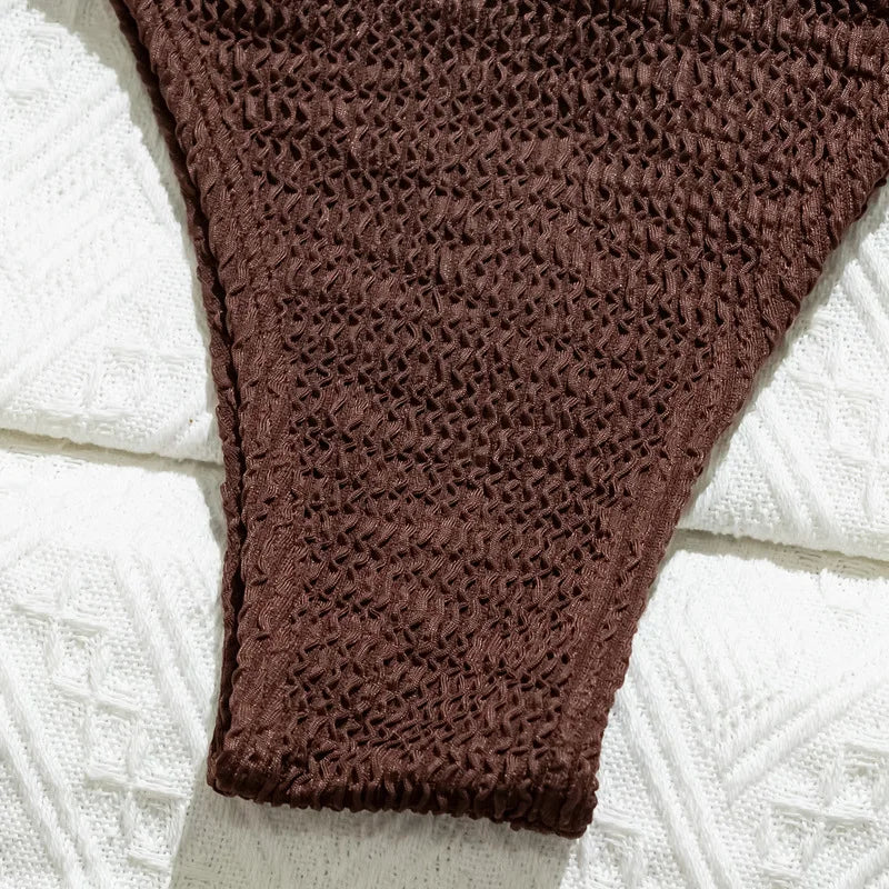 Ribbed coffee bandeau bikini
