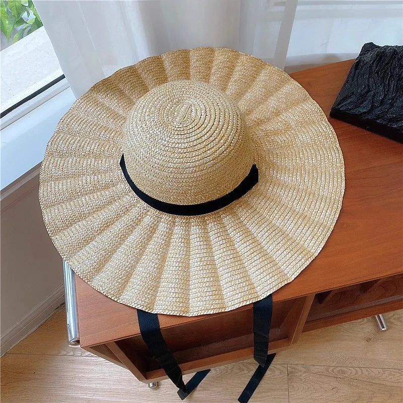 Boater Straw Hat wide brim French elegant square ribbon women's sun hat holiday straw hat  모자 햇빛 가리개