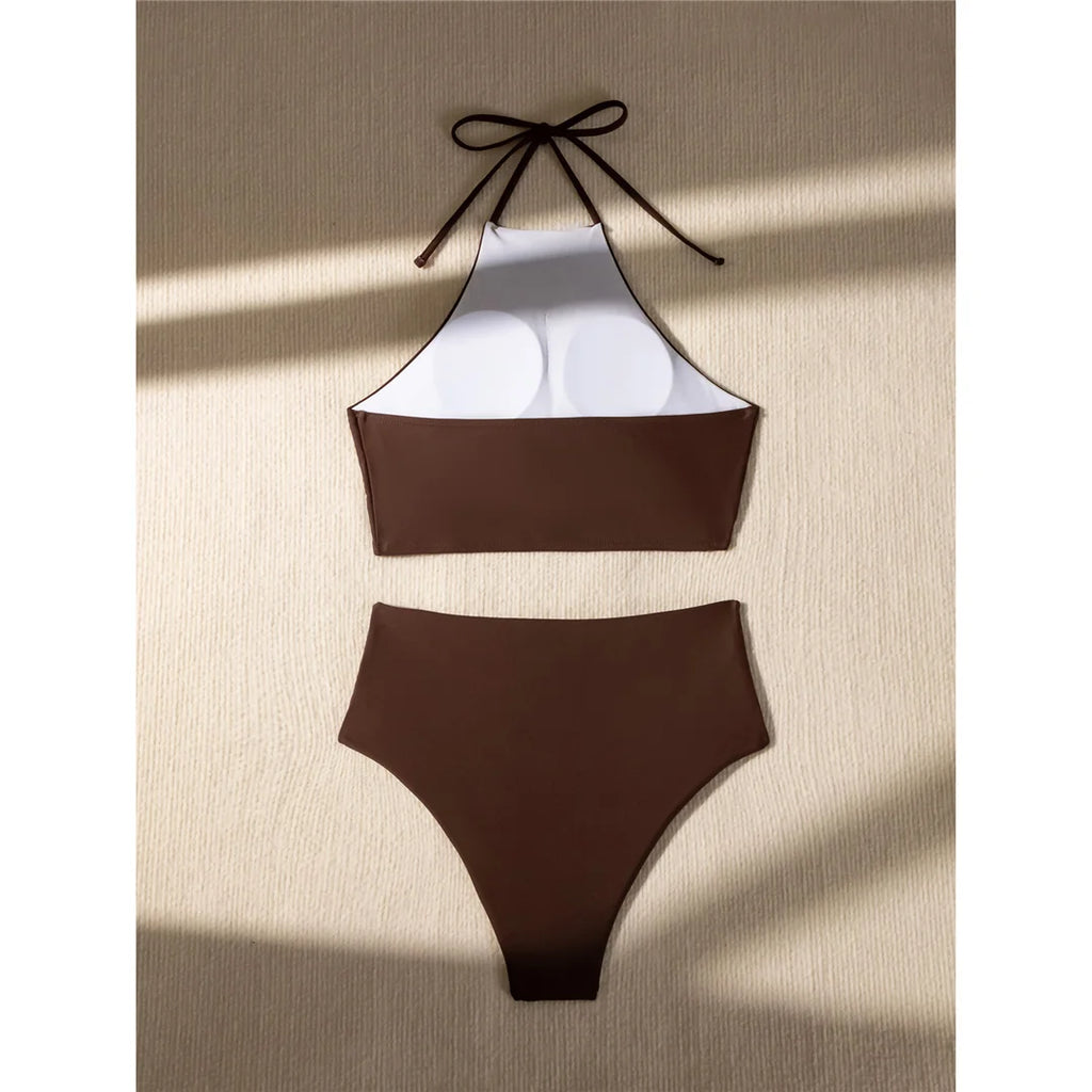 Halter Wrinkled High Neck Swimsuit