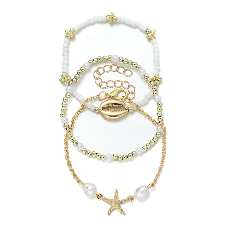 3Pcs Seaside Bohemian Starfish Shells Bracelets Set for Women Gold White Color Rice Beads Bracelets Summer Beach Jewelry Gifts