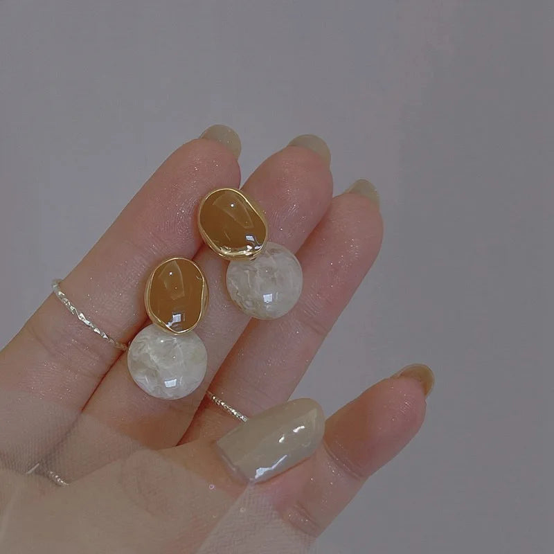 Brown Enamel Oil Beige Acrylic Dangle Earrings