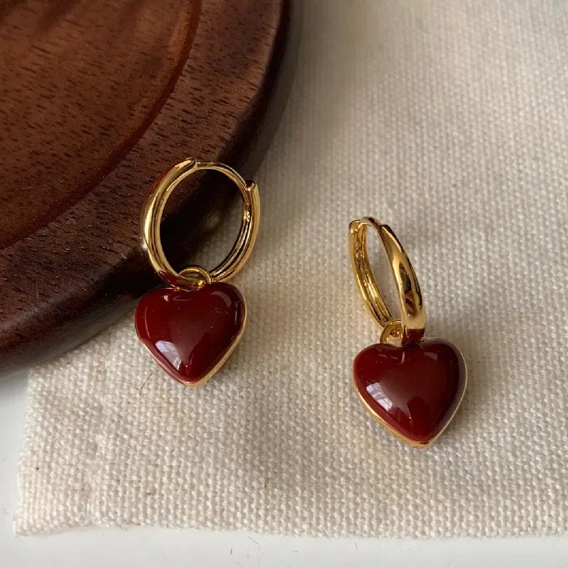 Vintage Red Heart Pendant Earrings