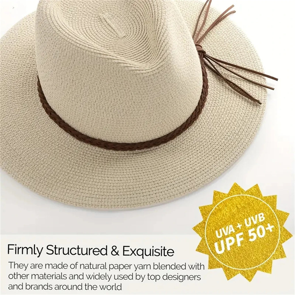 Classic Panama  Cap Braided Belt Decor Straw Sun HatSimple Unisex Travel Beach Hats For women