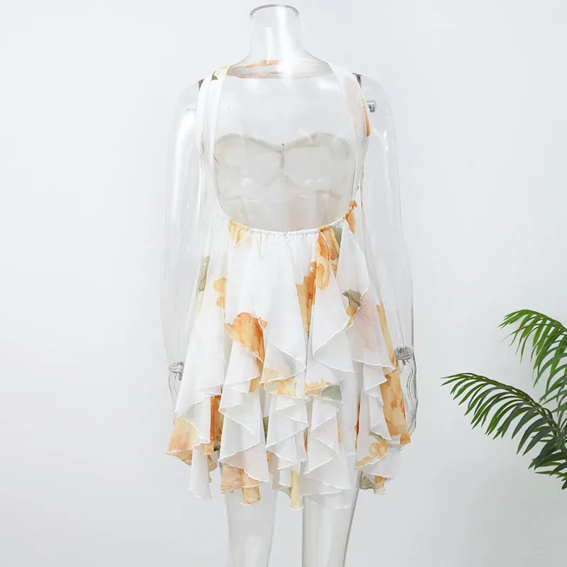 Sexy Ruffle Printed Backless Mini Dress