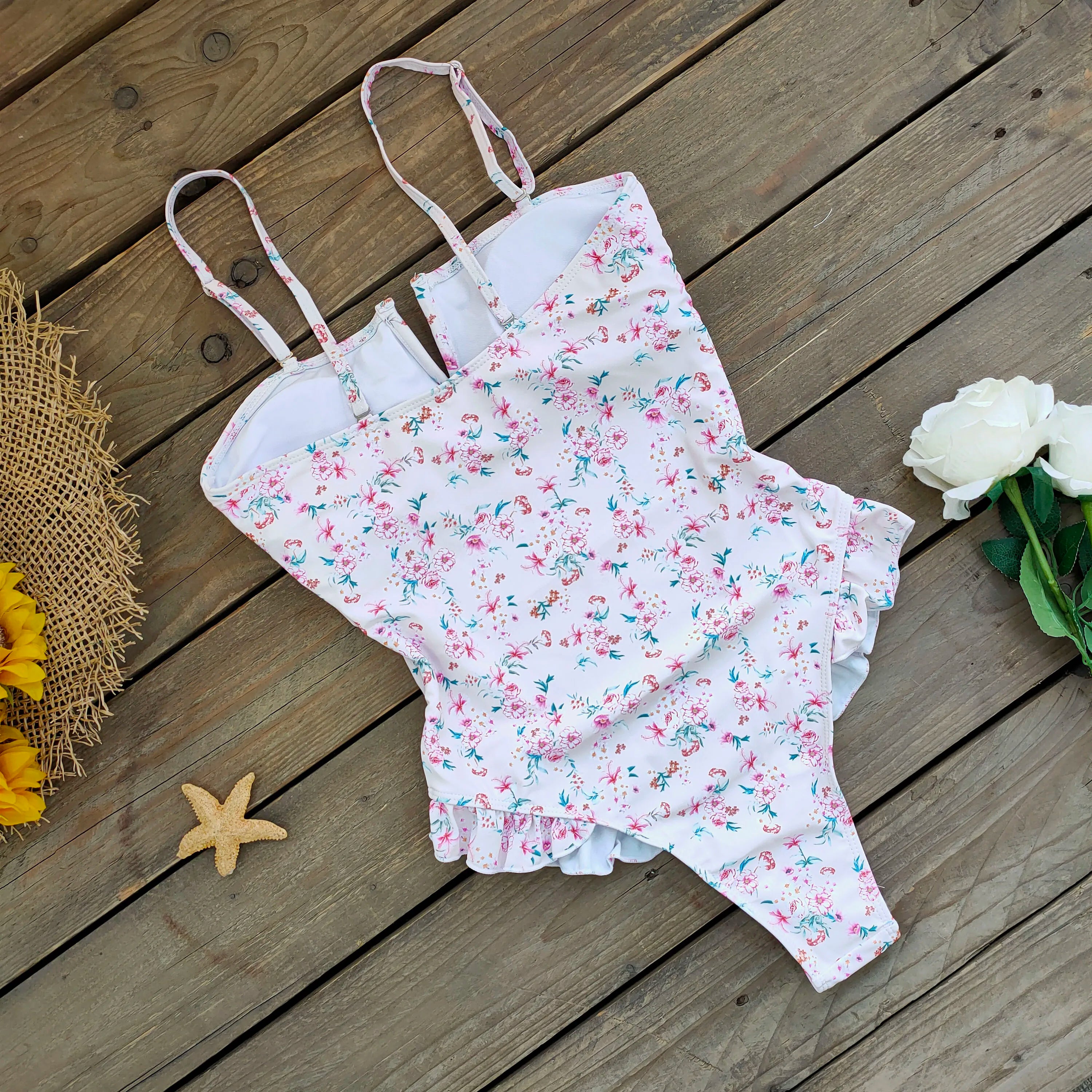 Ruffle Bodysuit Monokini Print Swim Suit