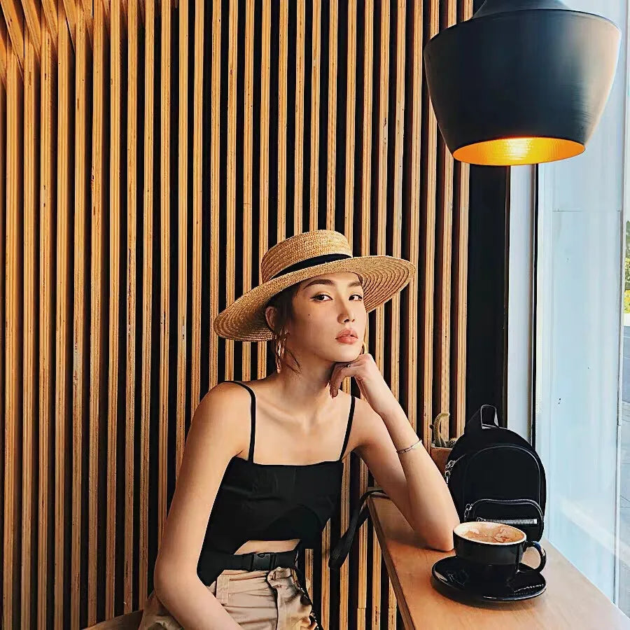 Boater Straw Hat wide brim French elegant square ribbon women's sun hat holiday straw hat  모자 햇빛 가리개
