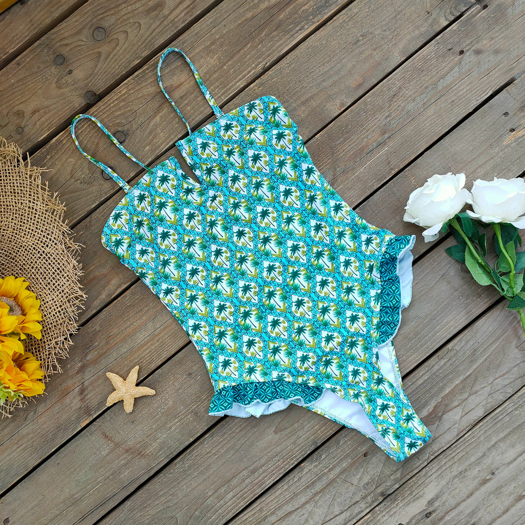 Ruffle Bodysuit Monokini Print Swim Suit