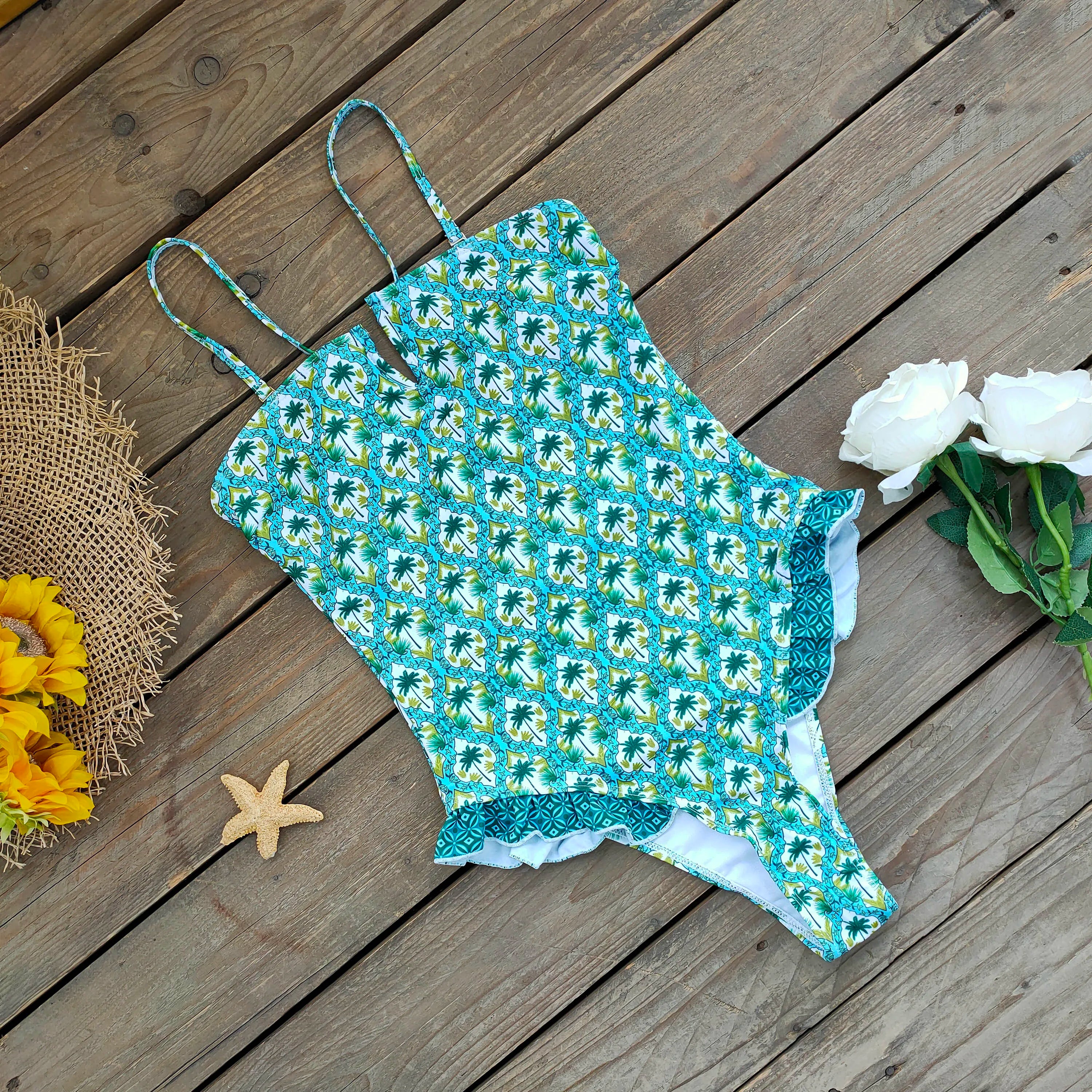 Ruffle Bodysuit Monokini Print Swim Suit