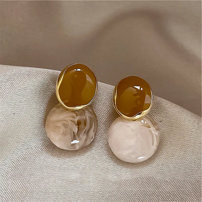 Brown Enamel Oil Beige Acrylic Dangle Earrings