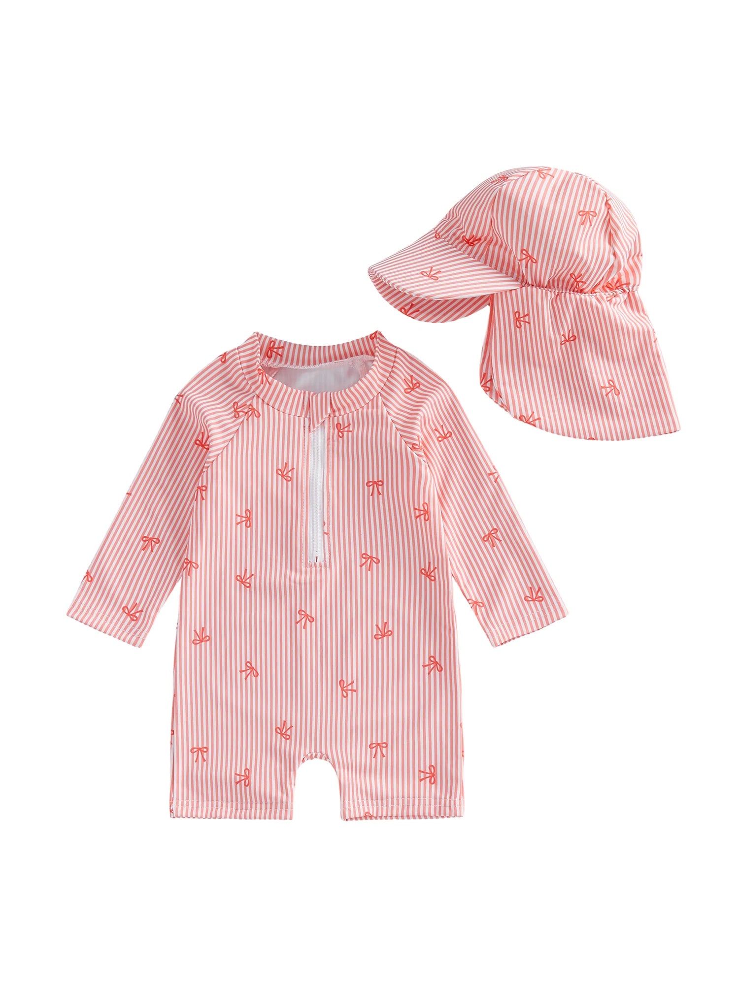Striped Bow Printed Long Sleeve Swimwear with Hat