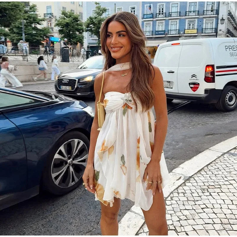 Sexy Ruffle Printed Backless Mini Dress