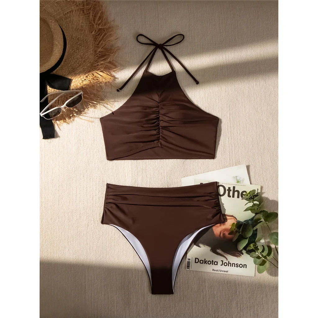 Halter Wrinkled High Neck Swimsuit
