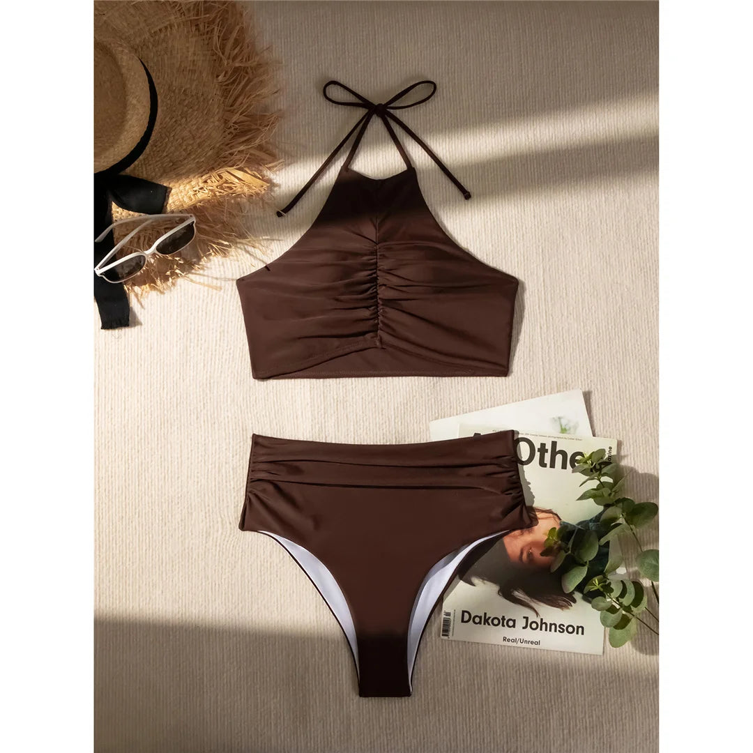 Halter Wrinkled High Neck Swimsuit