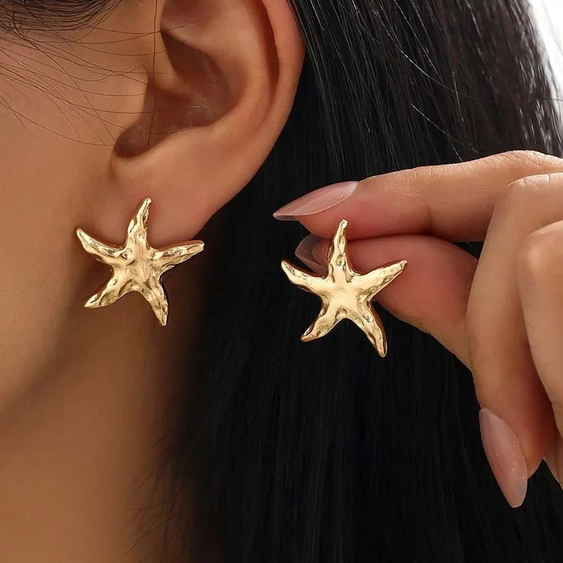 Vintage Gold Color Starfish Stud Earrings For Women Punk Metal Star Shaped Geometric Earrings Beach Vacation Jewelry Gift