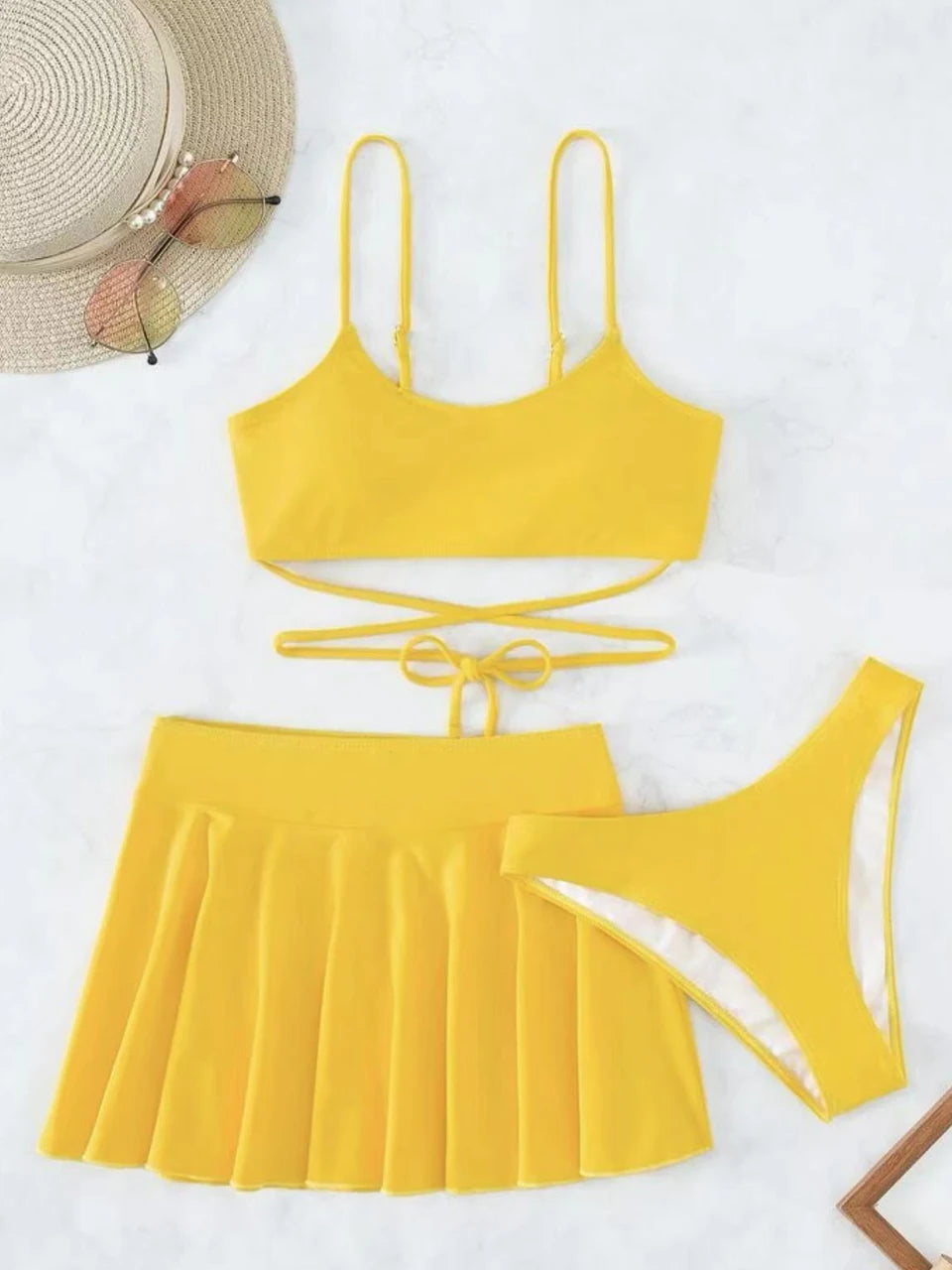 3 Pieces Crisscross Tie Back Bikini & Short Skirt