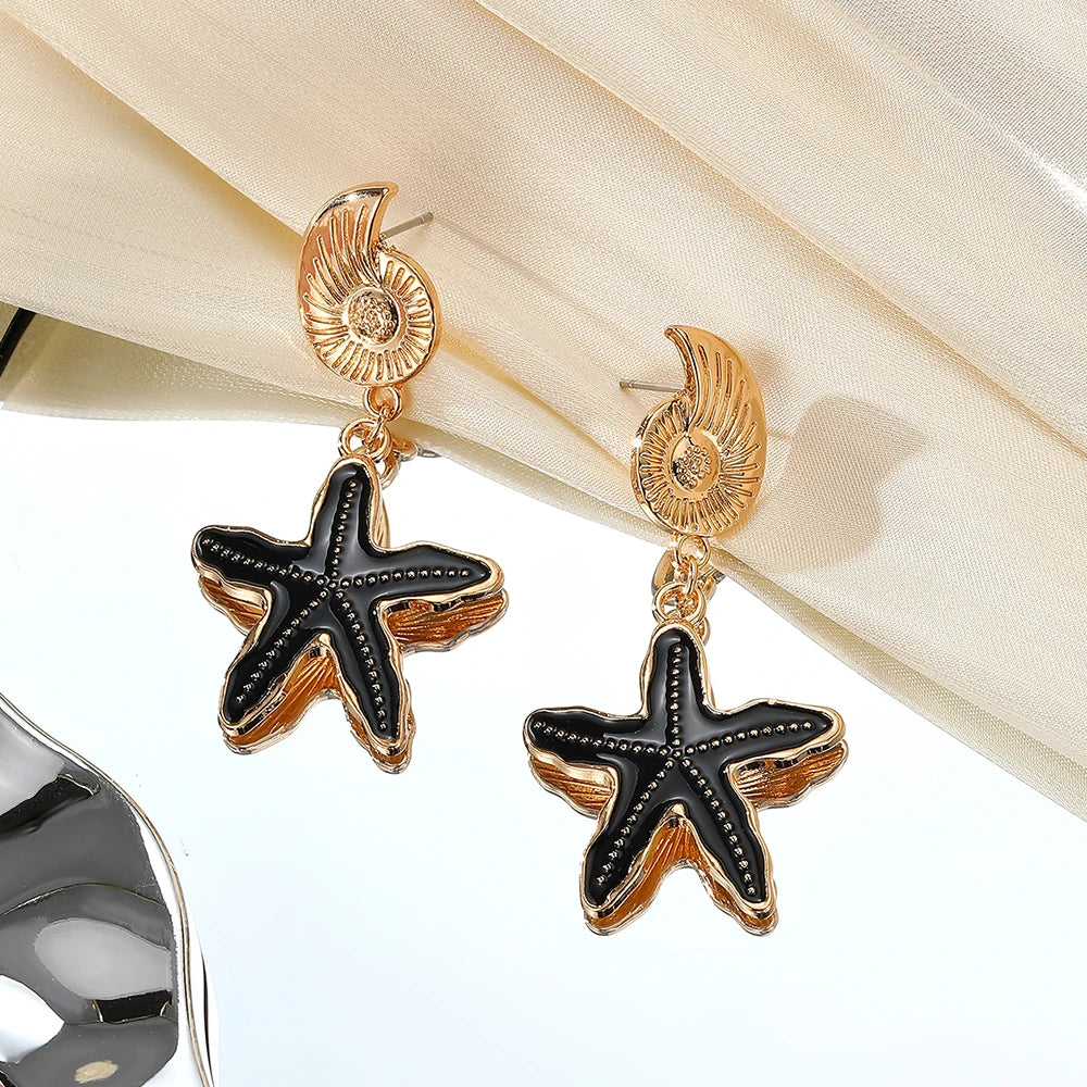 1 Pair of Chic Golden Starfish and Shell Earrings for Girls - Retro Style Stainless Steel Earrings, Ideal for Beach Vacation, Beach Earrings