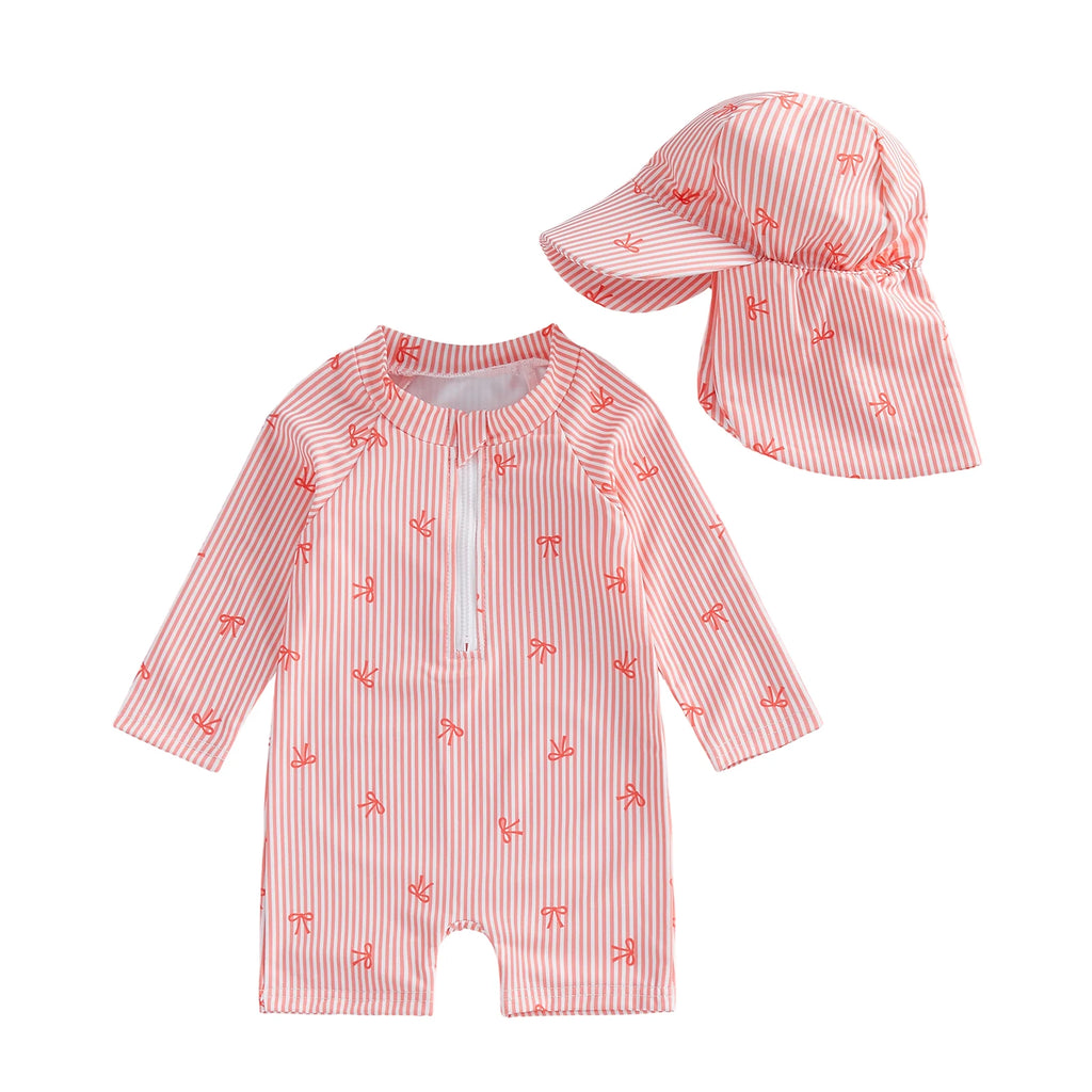 Striped Bow Printed Long Sleeve Swimwear with Hat