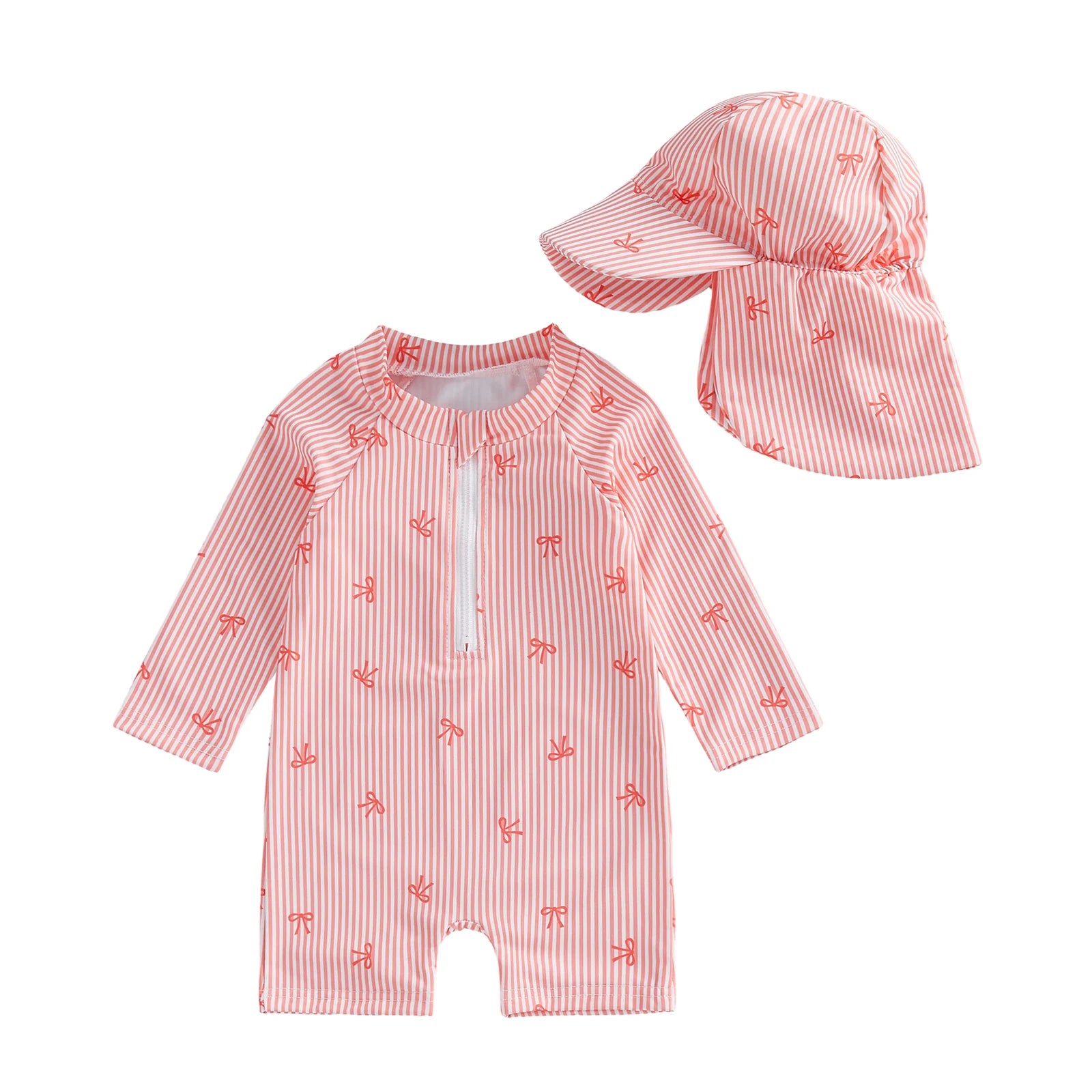 Striped Bow Printed Long Sleeve Swimwear with Hat