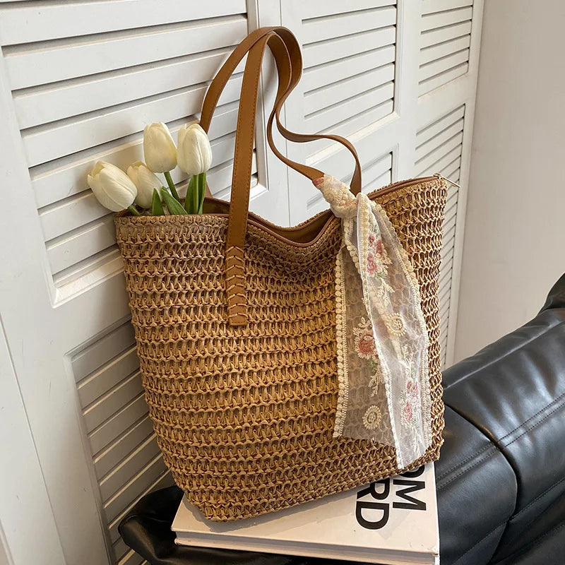 Bohemian Hollow Straw Beach Handbag