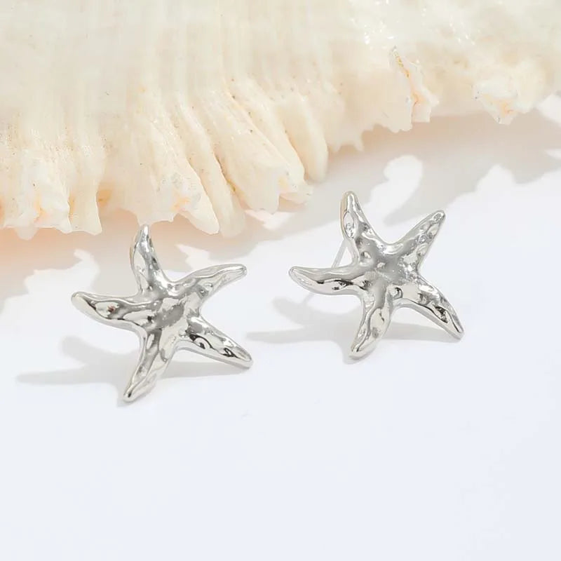 Vintage Gold Color Starfish Stud Earrings For Women Punk Metal Star Shaped Geometric Earrings Beach Vacation Jewelry Gift