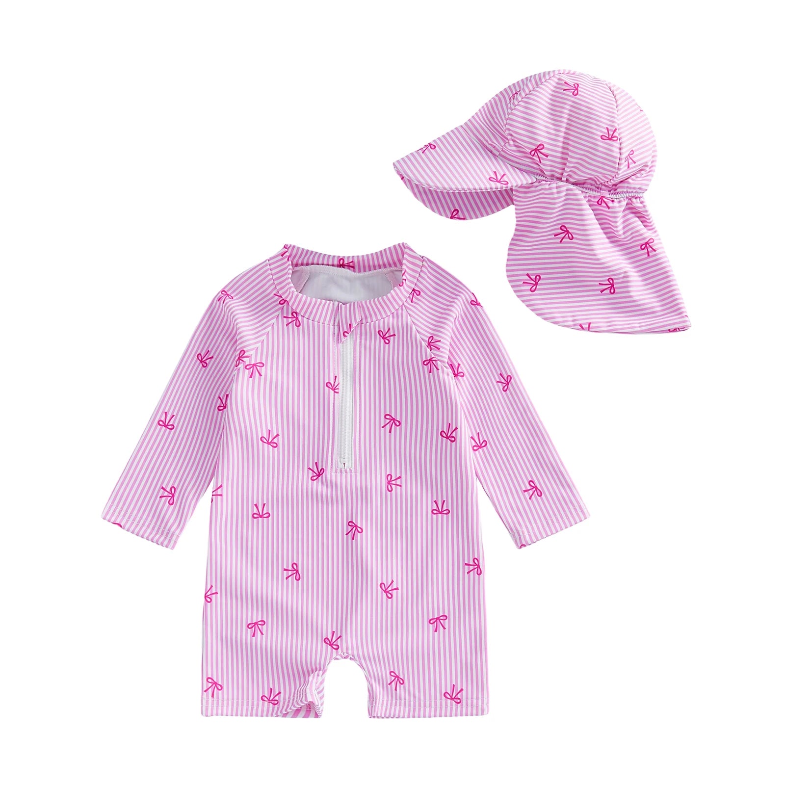 Striped Bow Printed Long Sleeve Swimwear with Hat