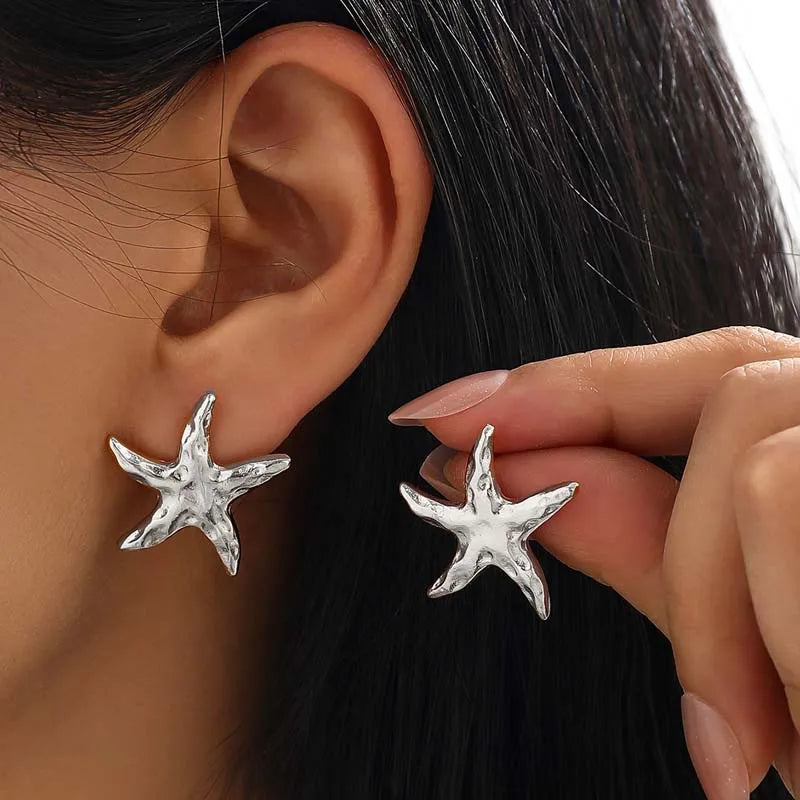Vintage Gold Color Starfish Stud Earrings For Women Punk Metal Star Shaped Geometric Earrings Beach Vacation Jewelry Gift
