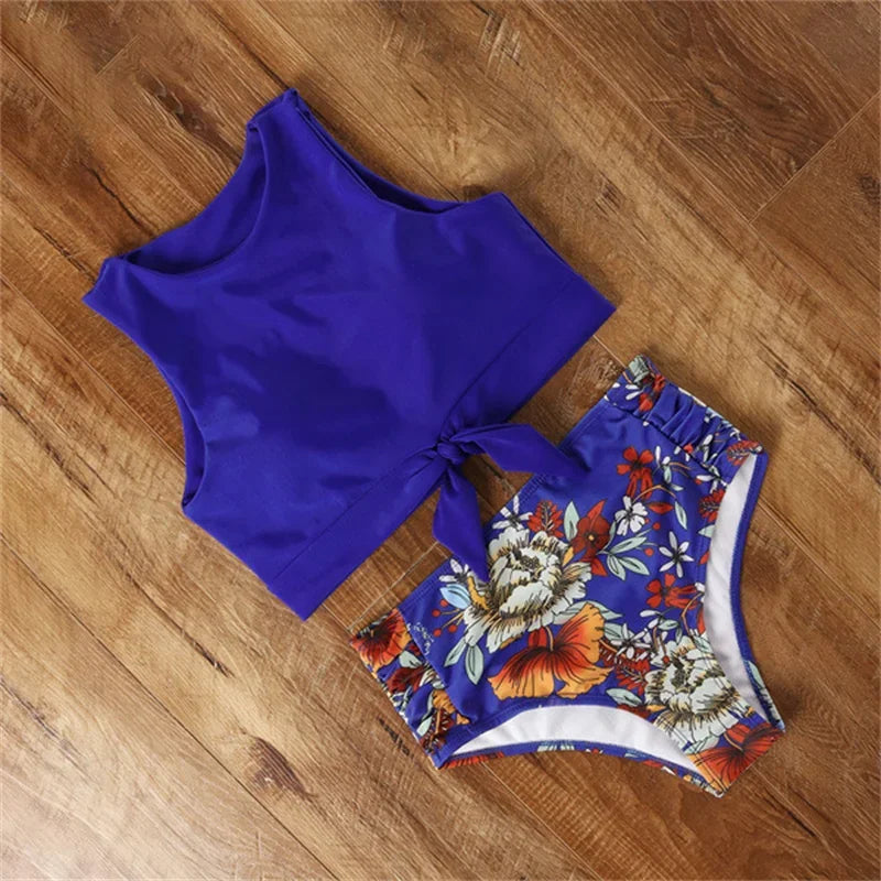 Striped Leopard Front Tie Push Up Two Piece Swimsuit