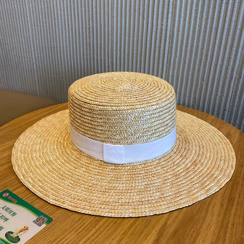 Boater Straw Hat wide brim French elegant square ribbon women's sun hat holiday straw hat  모자 햇빛 가리개