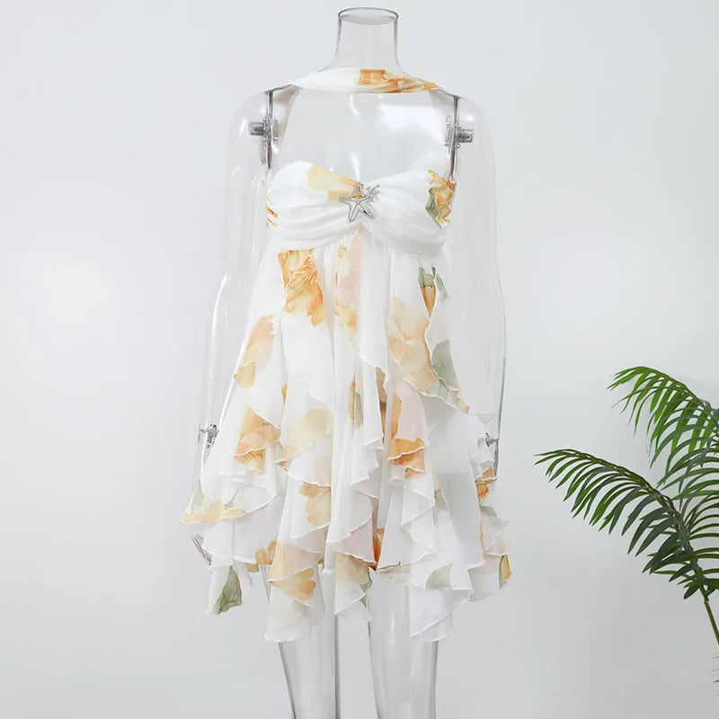 Sexy Ruffle Printed Backless Mini Dress