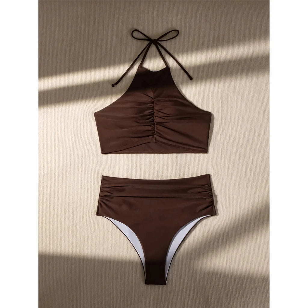 Halter Wrinkled High Neck Swimsuit