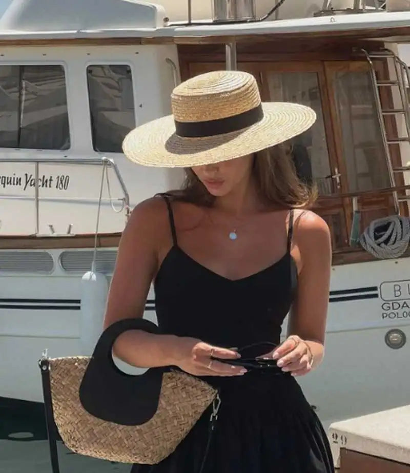 Boater Straw Hat wide brim French elegant square ribbon women's sun hat holiday straw hat  모자 햇빛 가리개
